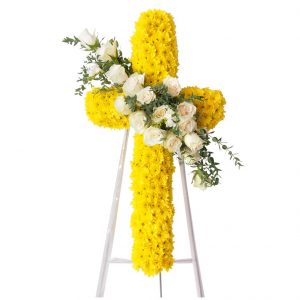yellow chrysanthemum cross wreath stand